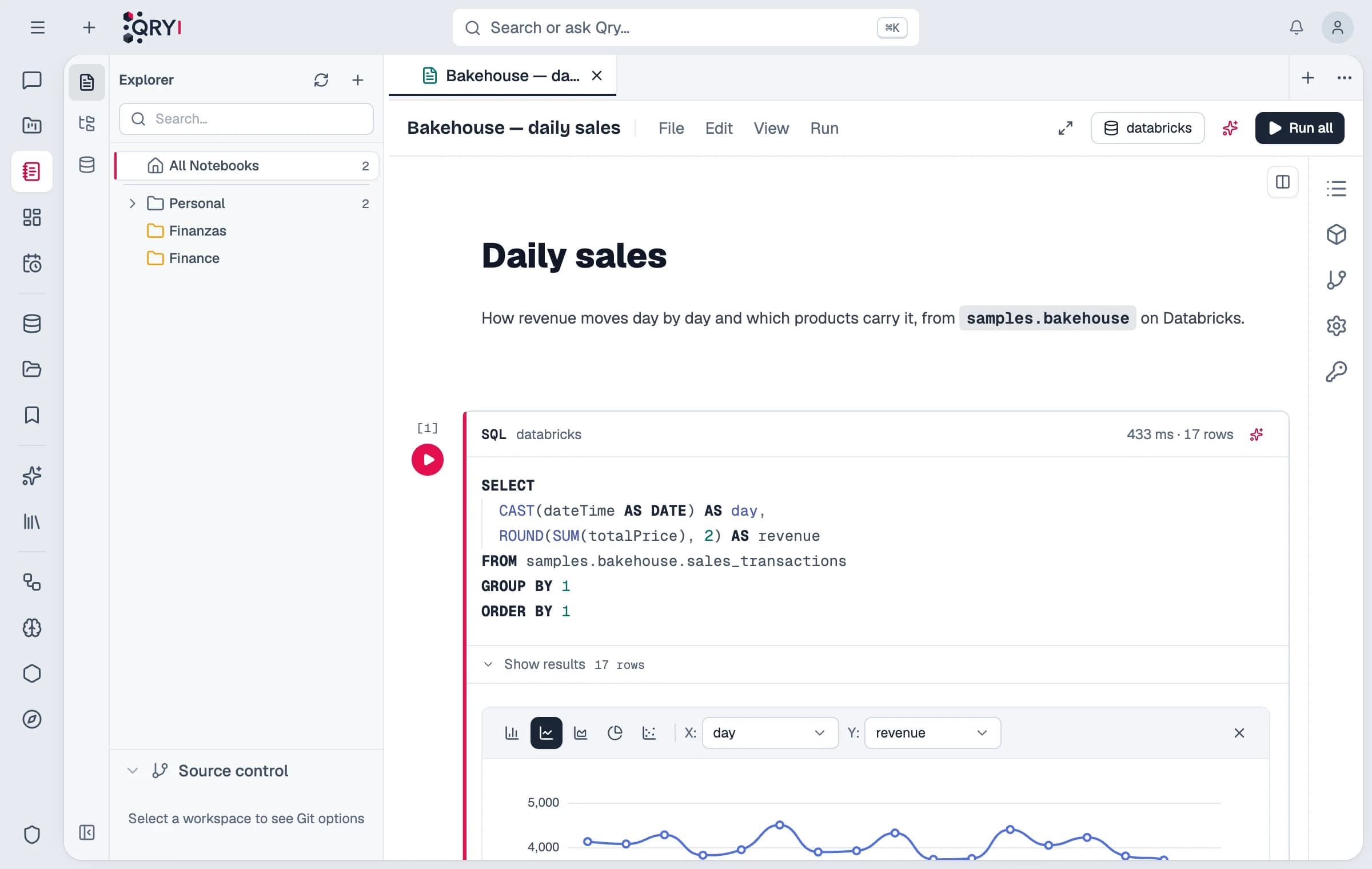 A Qry notebook with SQL and Python cells.