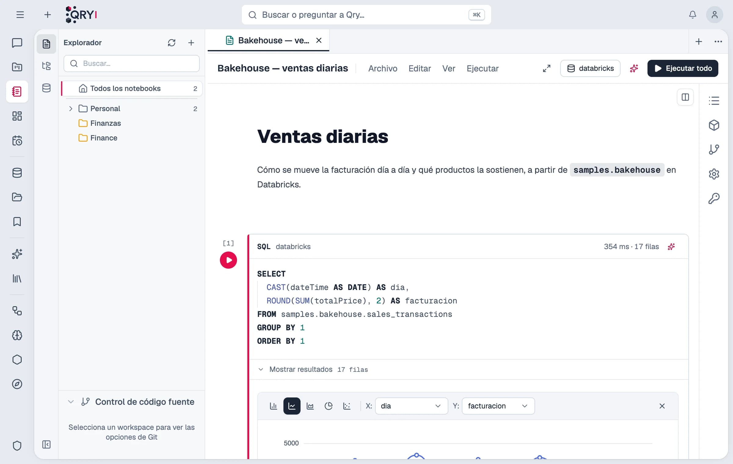 Un notebook de Qry con celdas de SQL y Python.